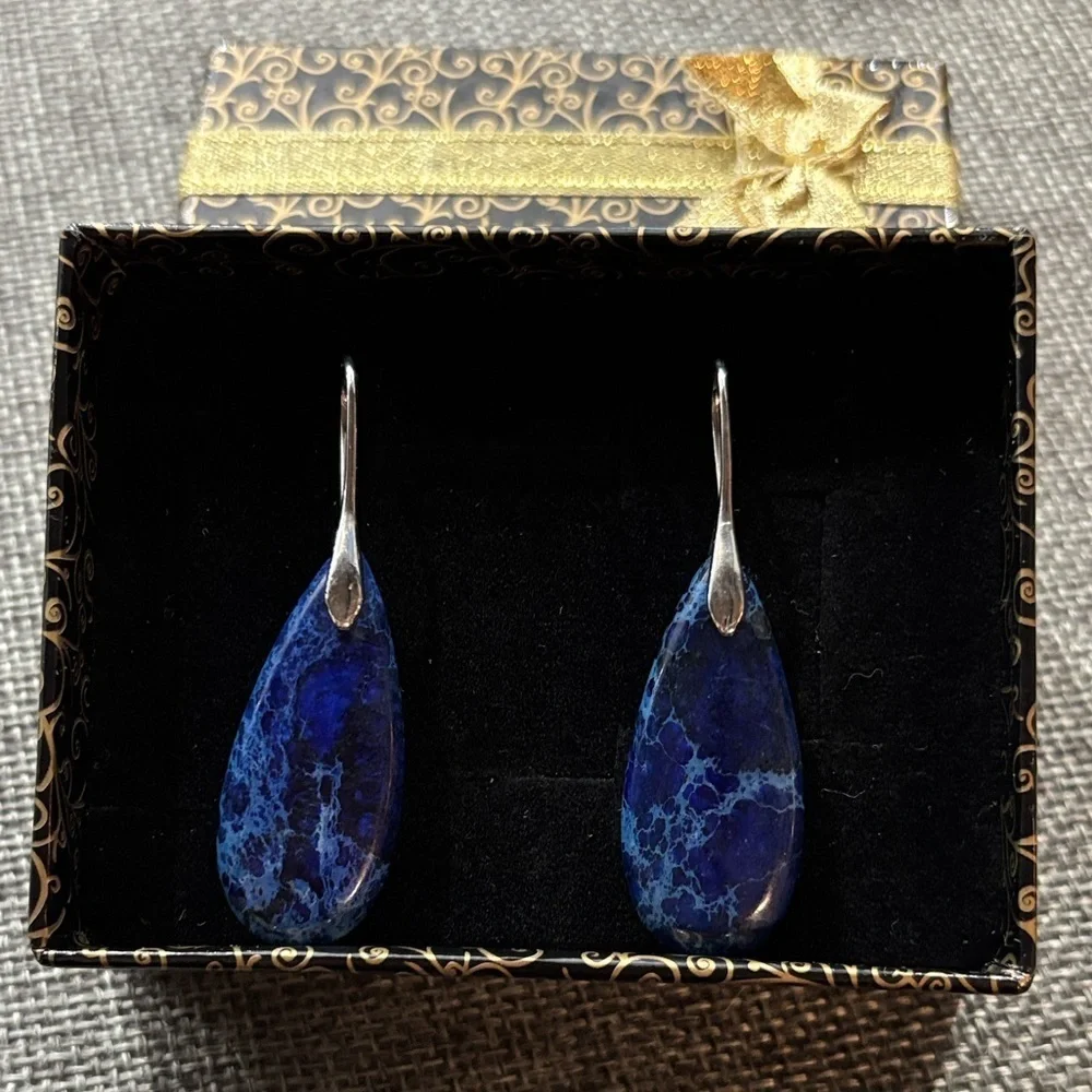 Blue Jasper Natural Gemstone Pendant Teardrop Earrings Silver Handmade Healing